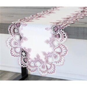 White Mauve Rose Lace Table Runner 16x35 Jacquard Dresser Scarf Coffee Table Dec